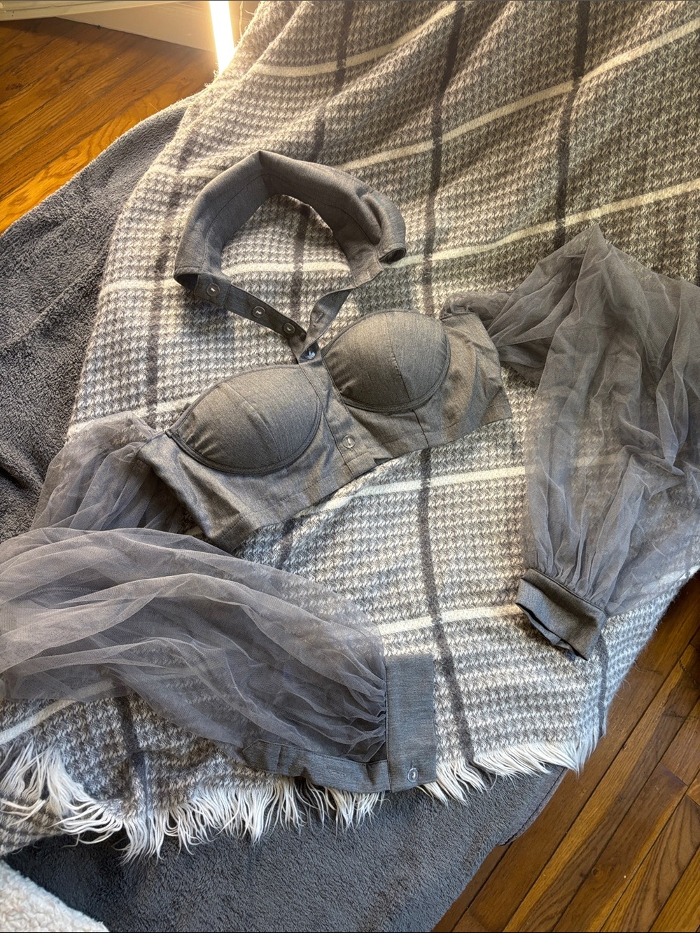 Fashion Nova Charcoal Gray Off-Shoulder Bustier with Sheer Mesh Sleeves Crop Top